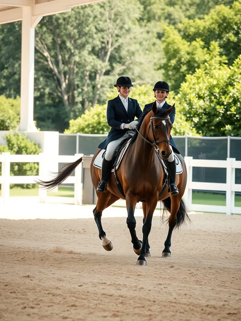 Advanced riders practicing complex maneuvers in a dressage arena, showcasing skill development and precision in equestrian sports.