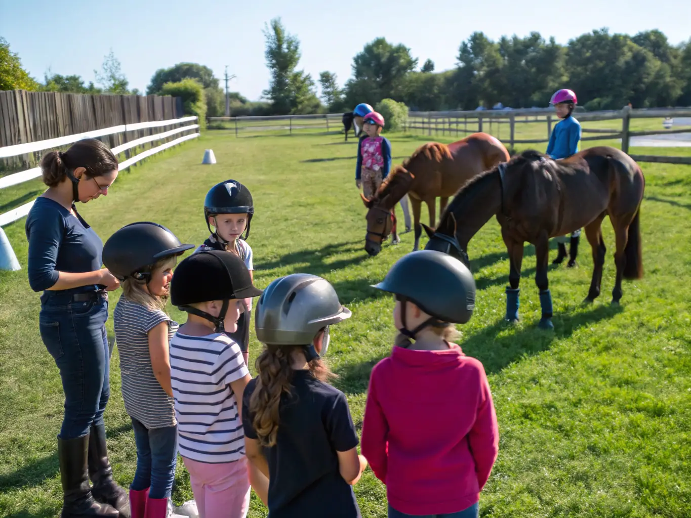 A group of children learning basic horse riding skills in a safe, enclosed arena, with instructors providing guidance and encouragement. The scene is bright and cheerful, emphasizing the fun and educational aspects of the program.