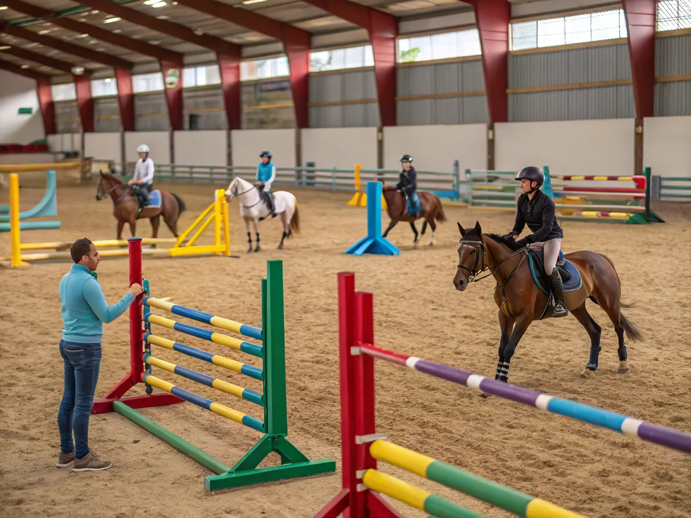 A dynamic shot of participants engaging in a skill development workshop, learning advanced riding techniques and horsemanship skills. The setting is a well-equipped equestrian facility, showcasing the professional training environment.