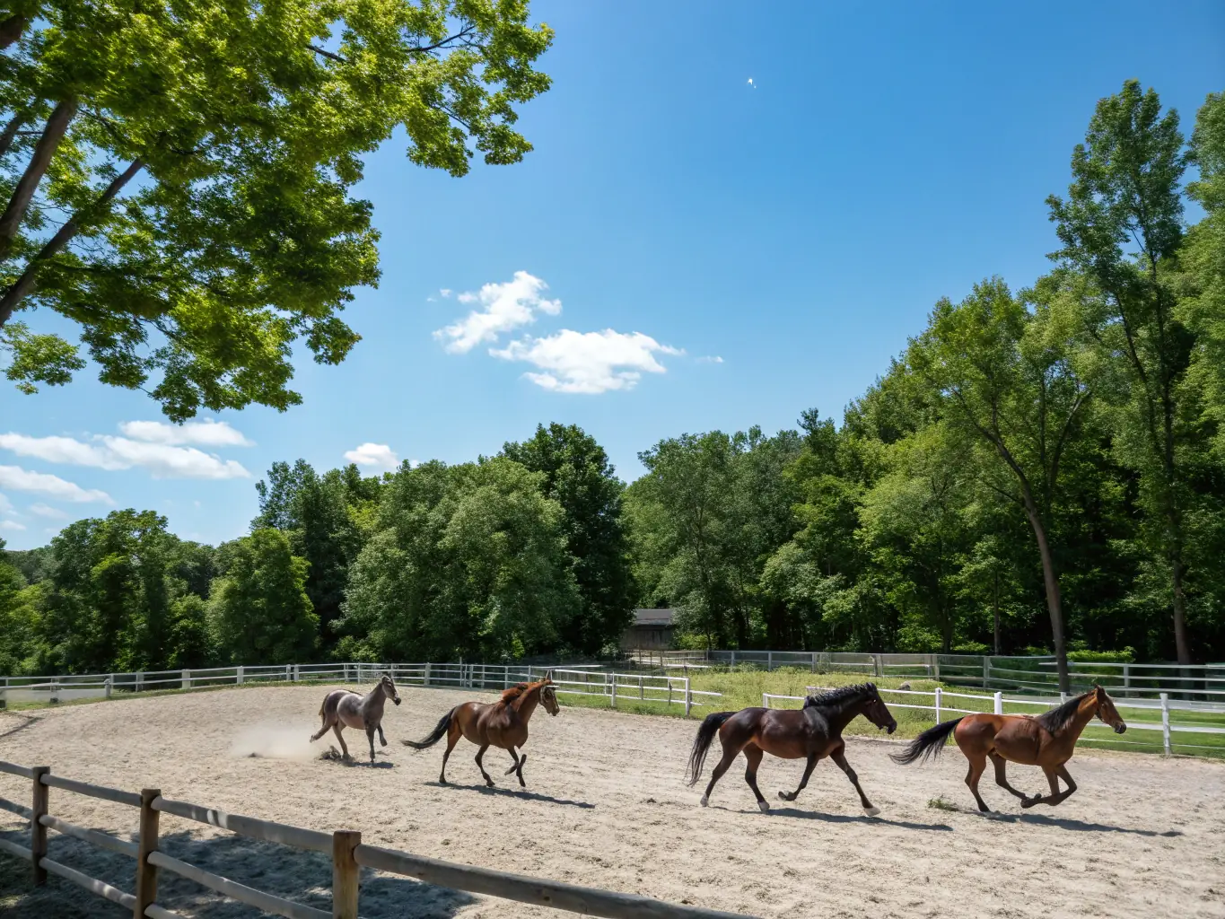 A group of diverse individuals, including children and adults, smiling and interacting with horses during a therapeutic riding session. The setting is a sunny, open field with green grass and trees in the background.