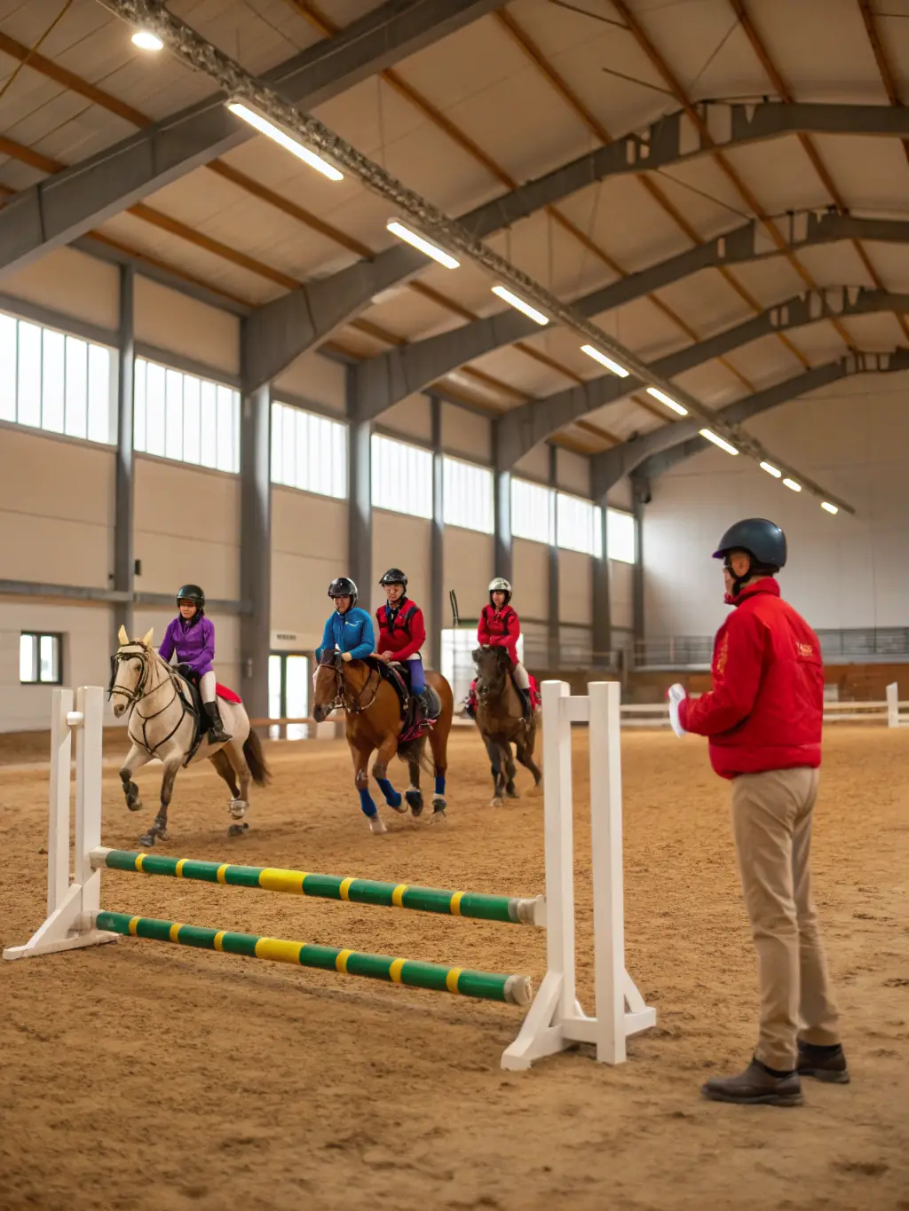 A group of adults participating in an equestrian vaulting workshop, showcasing teamwork and acrobatic skills on horseback at ASSOC LOISIRS EQUESTRES BRIVISTES.