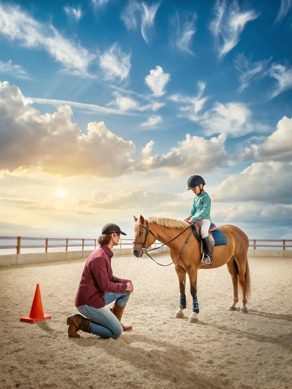 Beginner riders learning basic horsemanship skills in a safe and controlled environment. The focus is on building confidence and fundamental riding techniques.