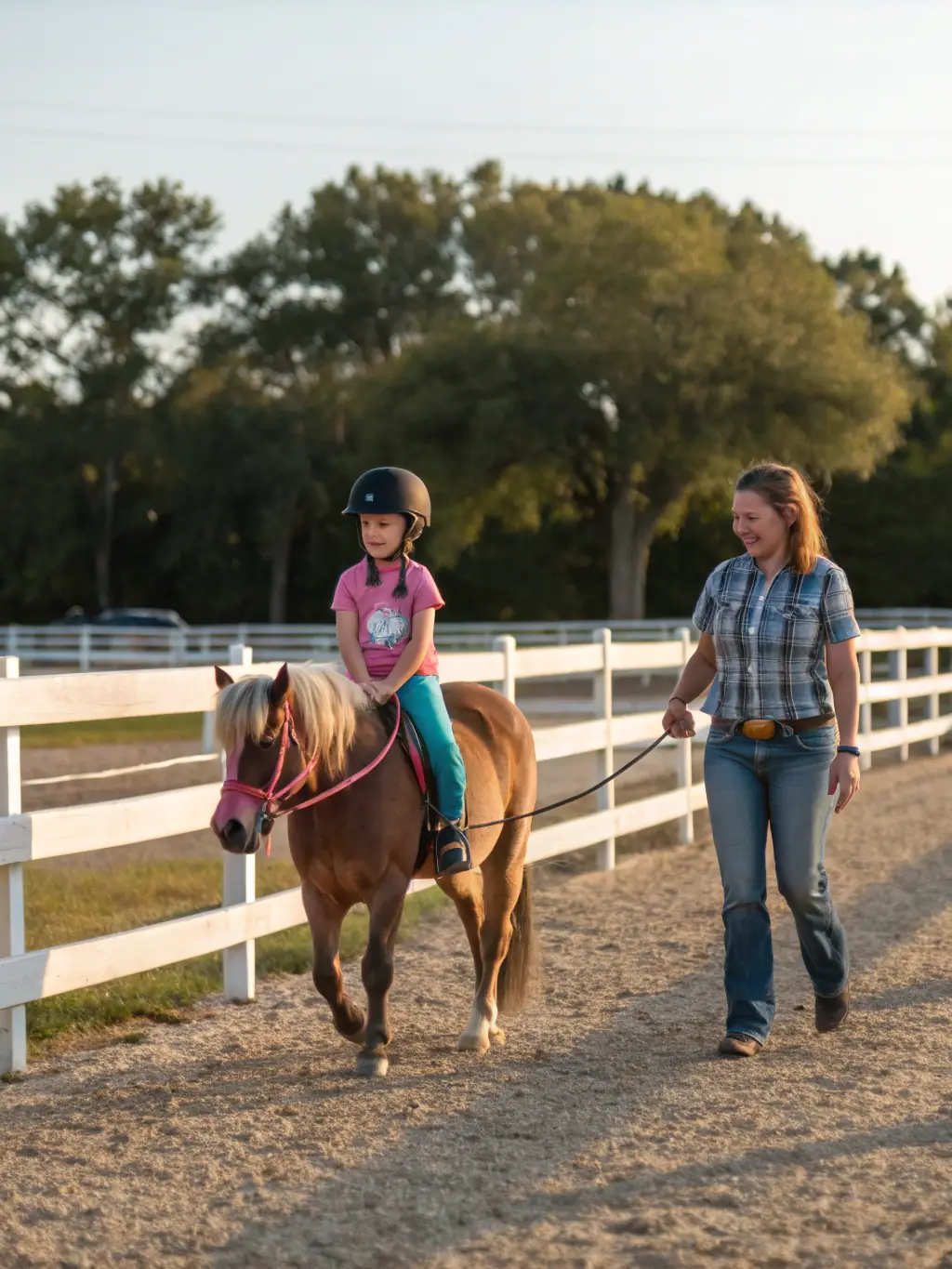 A young girl smiling while riding a pony in a sunny field, with an instructor walking alongside, demonstrating the beginner riding program at ASSOC LOISIRS EQUESTRES BRIVISTES.