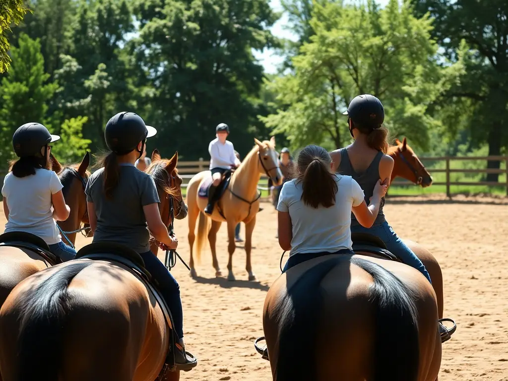 A group of riders participating in a beginner's training session in an outdoor arena, with an instructor providing guidance.