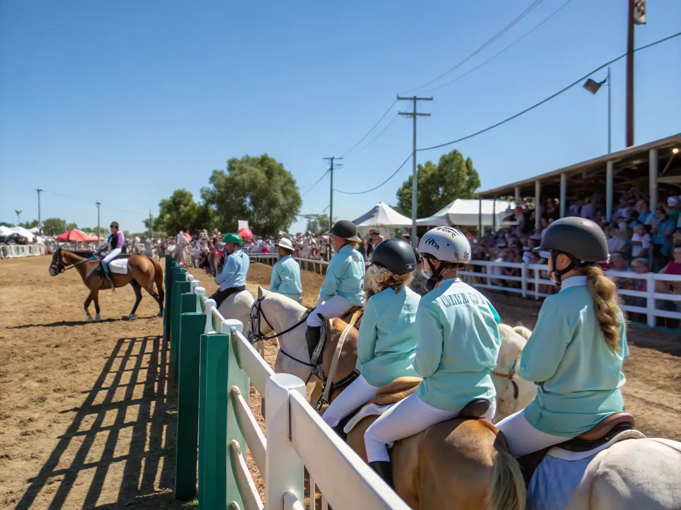A vibrant scene from a community equestrian event, featuring families enjoying pony rides and various equestrian-themed activities.