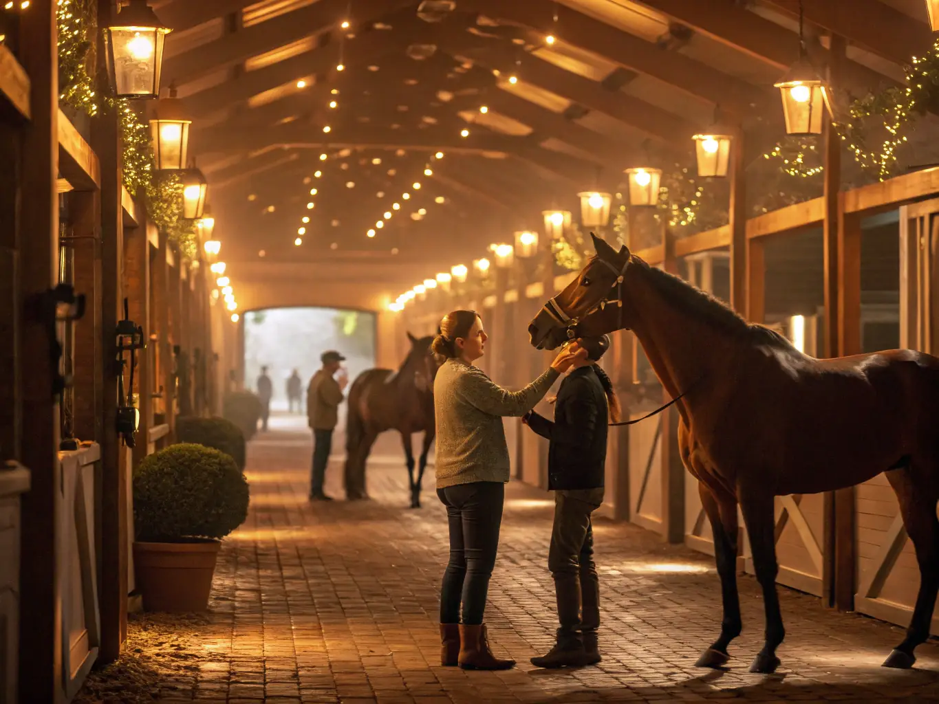 A multi-generational group of members participating in a horse grooming workshop, demonstrating the intergenerational connections fostered by the association. The setting is a stable with natural light and well-maintained equipment.