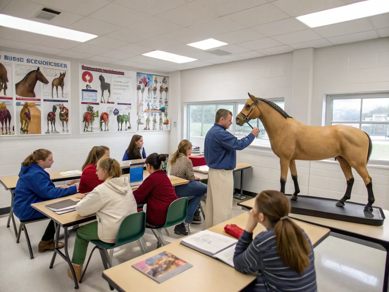 A group of adults attending an equestrian workshop, learning about horse care and management from a knowledgeable instructor, emphasizing the educational opportunities provided by ASSOC LOISIRS EQUESTRES BRIVISTES.