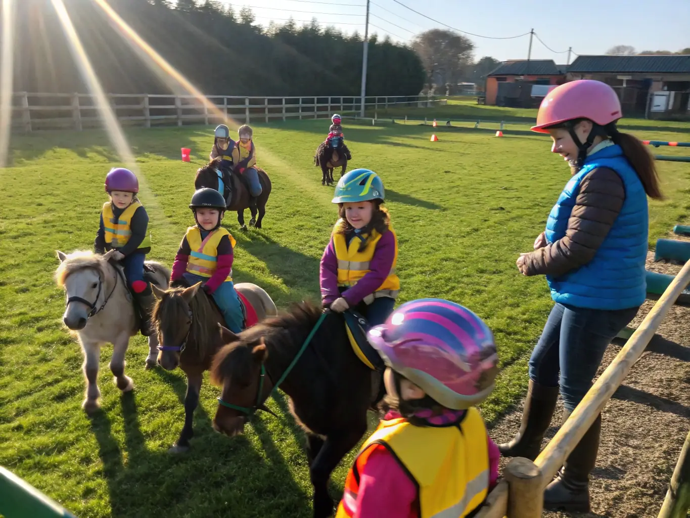 A group of children participating in a beginner's horse riding lesson, guided by an instructor in an outdoor arena, showcasing the introductory equestrian program offered by ASSOC LOISIRS EQUESTRES BRIVISTES.