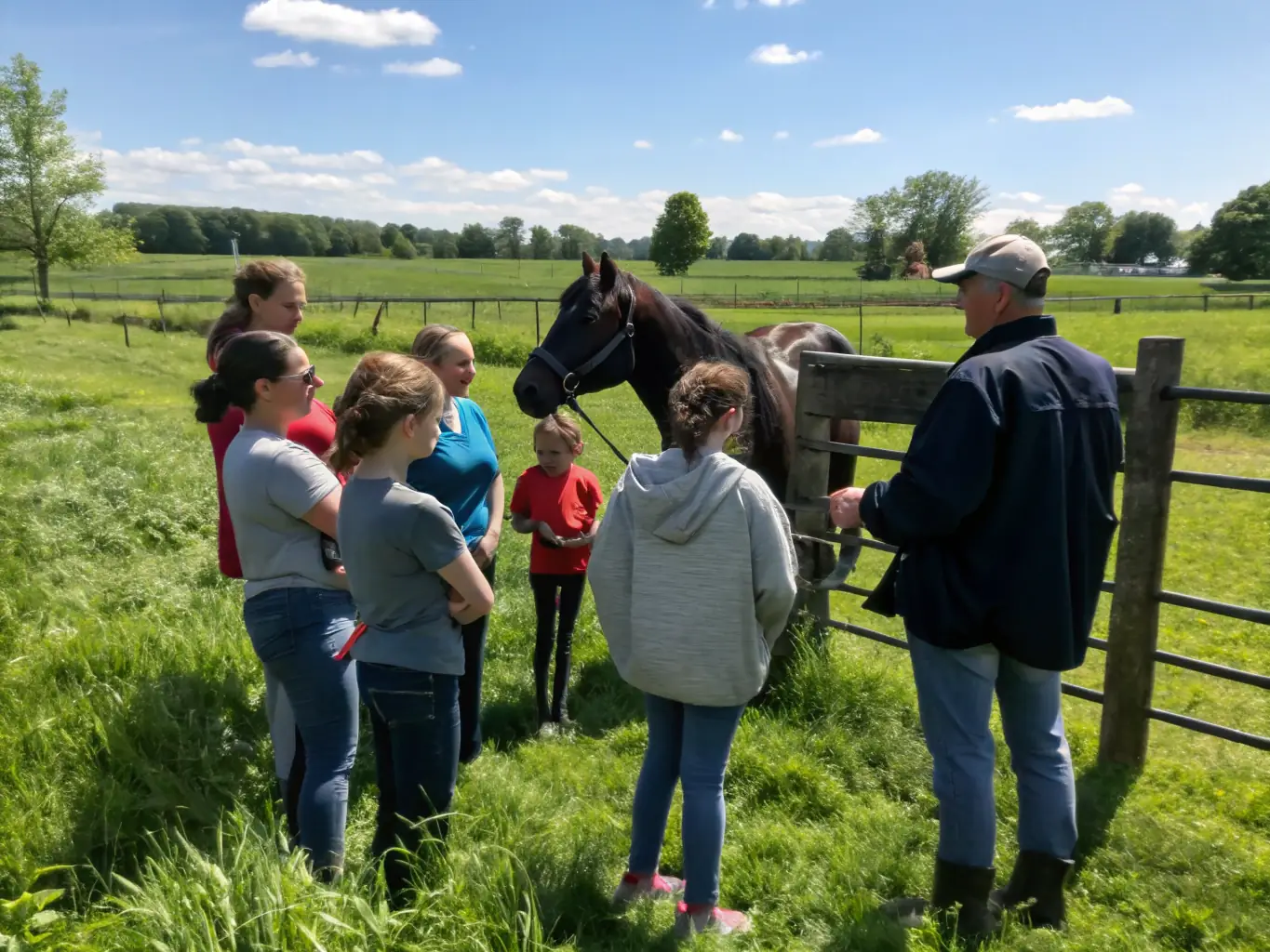 Participants in a horse care workshop learning about grooming and equine health, with a veterinarian demonstrating proper techniques.