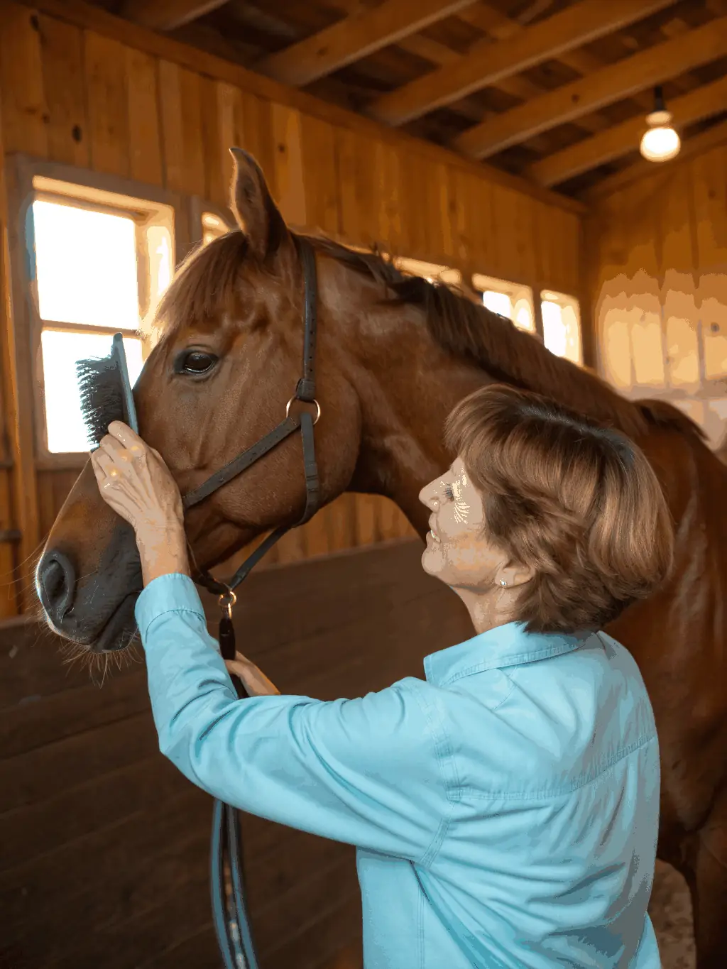 A group of seniors laughing and interacting with horses during a gentle grooming session. The image highlights the intergenerational aspect and the calming effect of equine interaction.